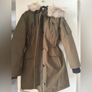 Faux Fur Trim Hooded Parka Jacket olive green color